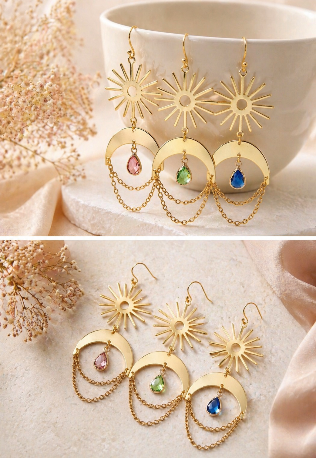 Sun and Moon Birthstone Earrings- Choose Month