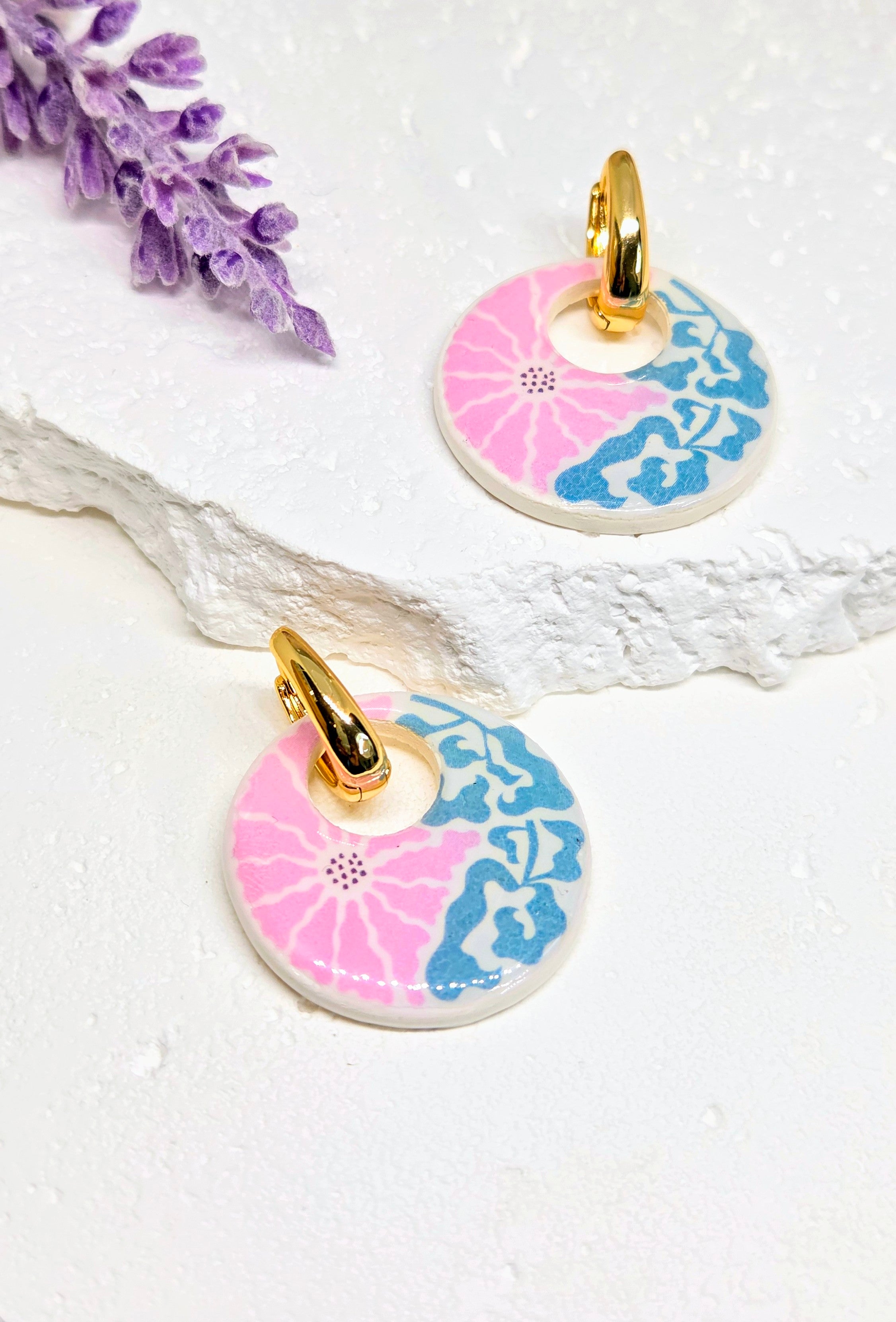 Pink & Blue Floral Charm Huggie Earrings- 2-in-1 Gold Hoop Earrings