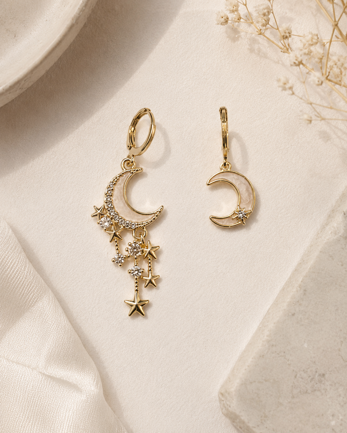 Celestial Moon & Star Asymmetric Huggie Earrings
