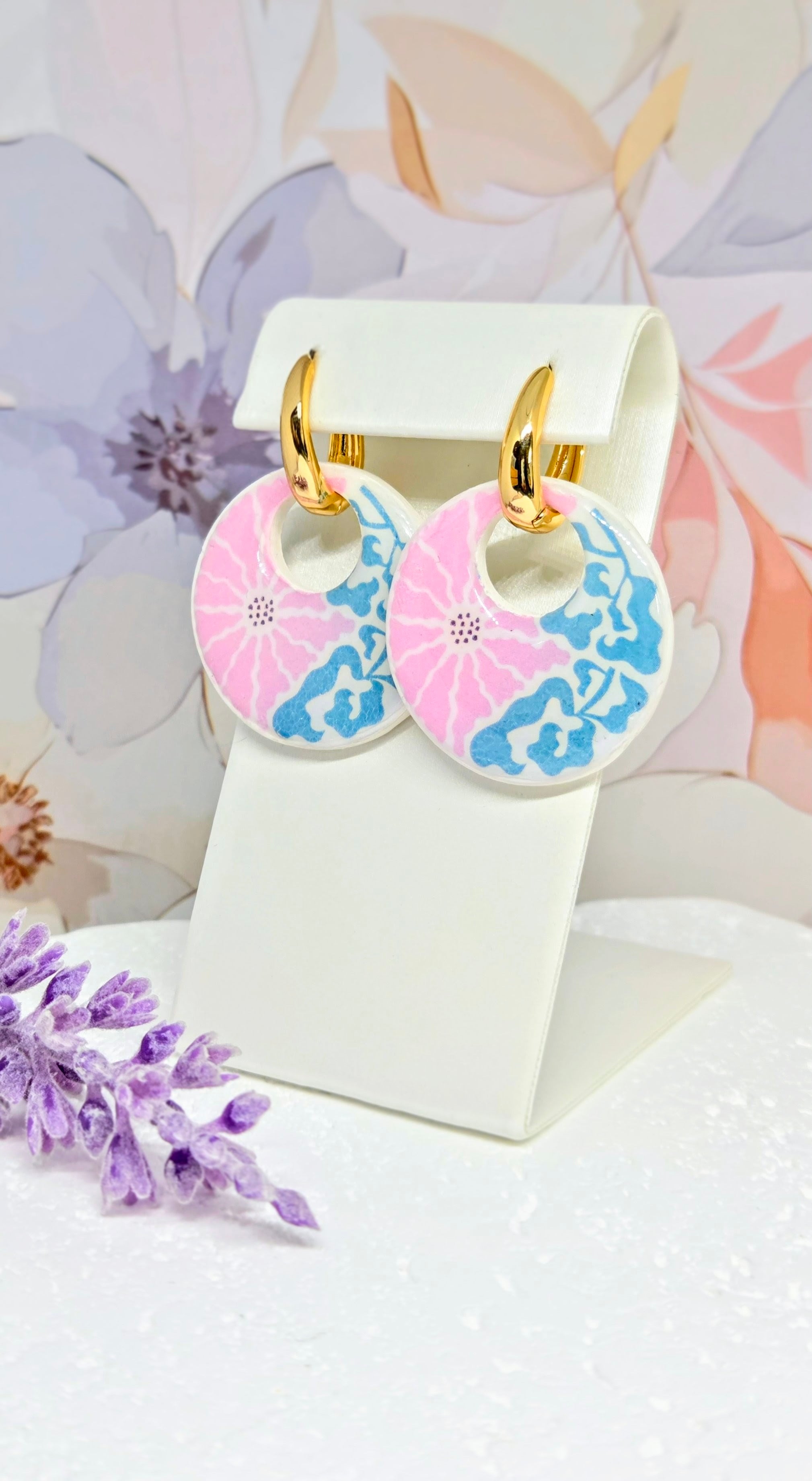Pink & Blue Floral Charm Huggie Earrings- 2-in-1 Gold Hoop Earrings