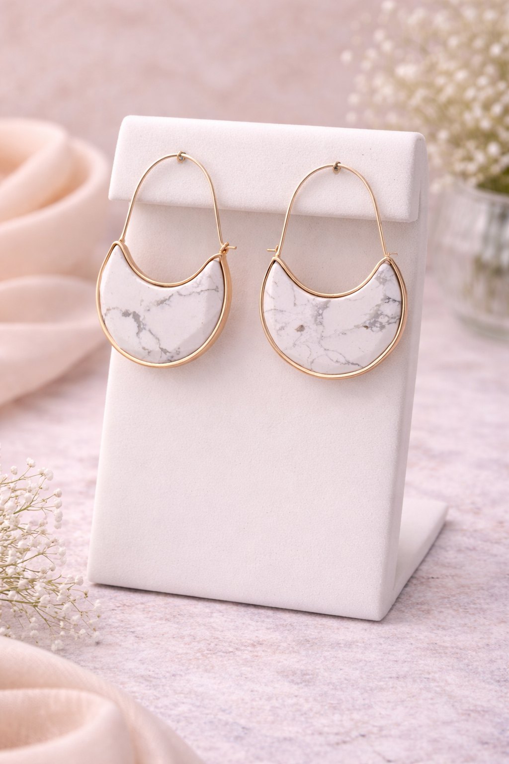 White Marble Crescent Hoop Earrings