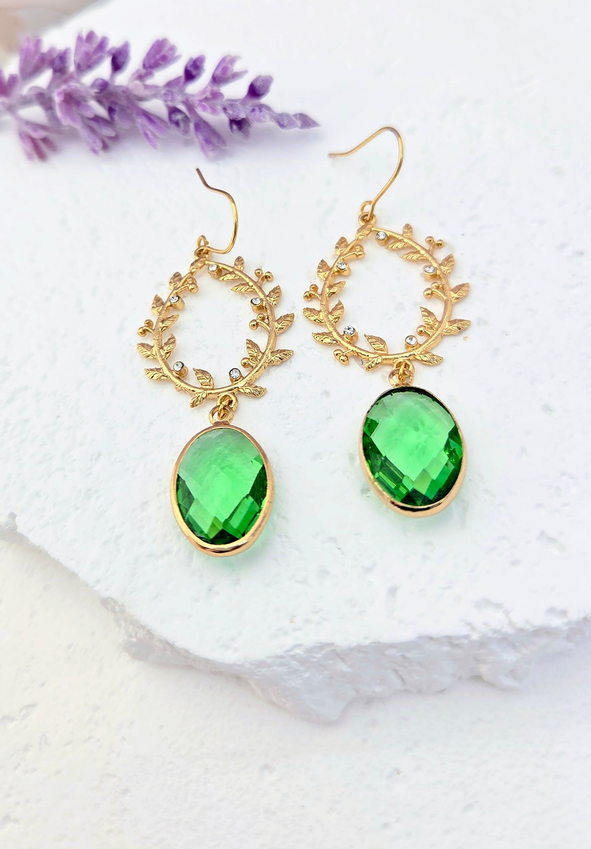 Green Crystal Wreath Earrings