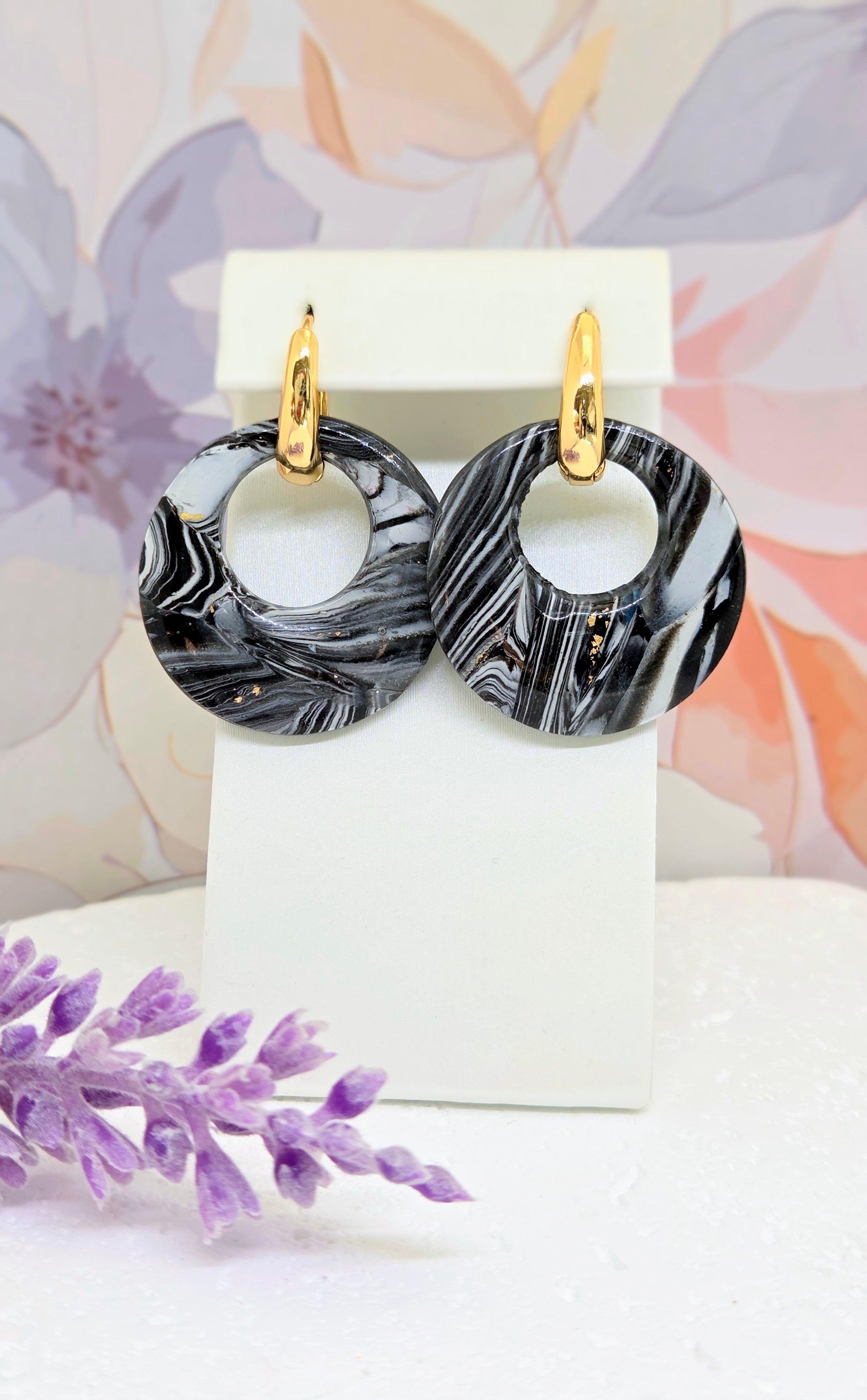 Black with Gold Vein Marble Earrings- 2 in 1