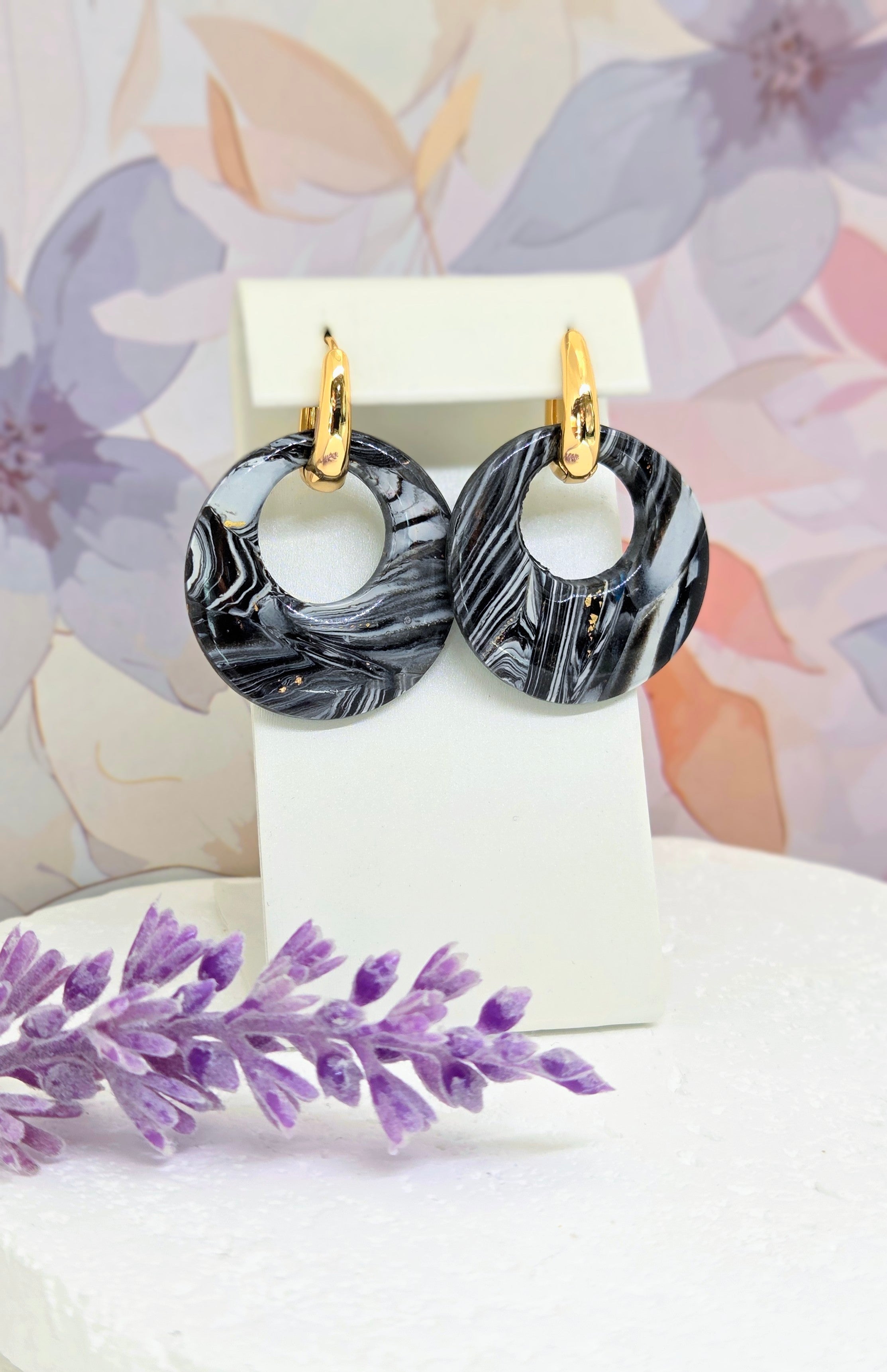 Black with Gold Vein Marble Earrings- 2 in 1