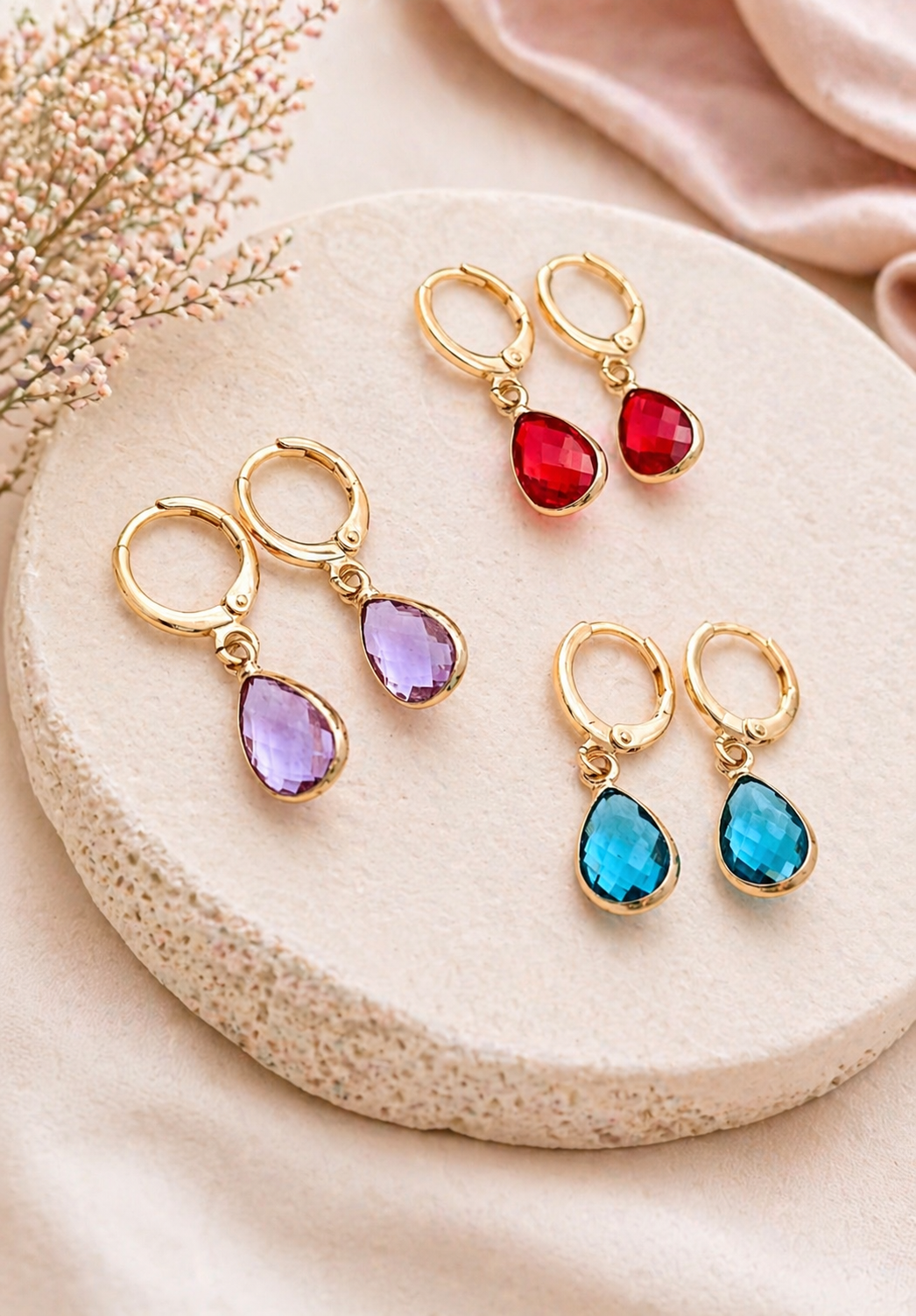 Birthstone Huggie Hoop Earrings– Dainty 18k Gold Drop in Every Month