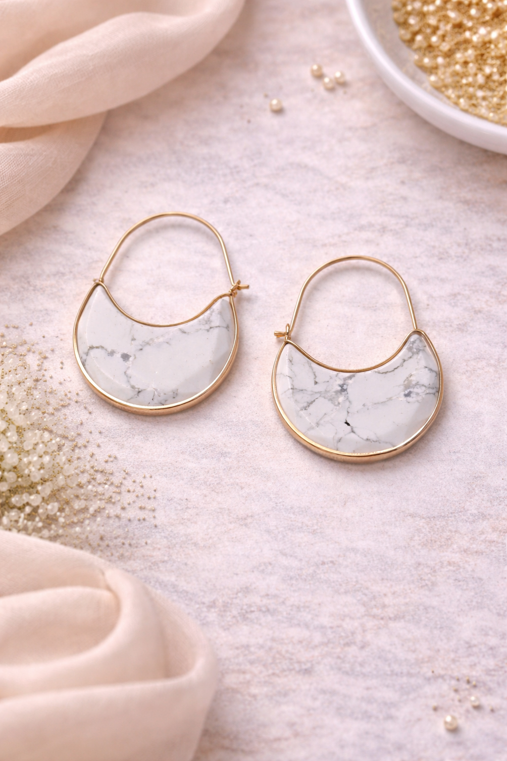 White Marble Crescent Hoop Earrings
