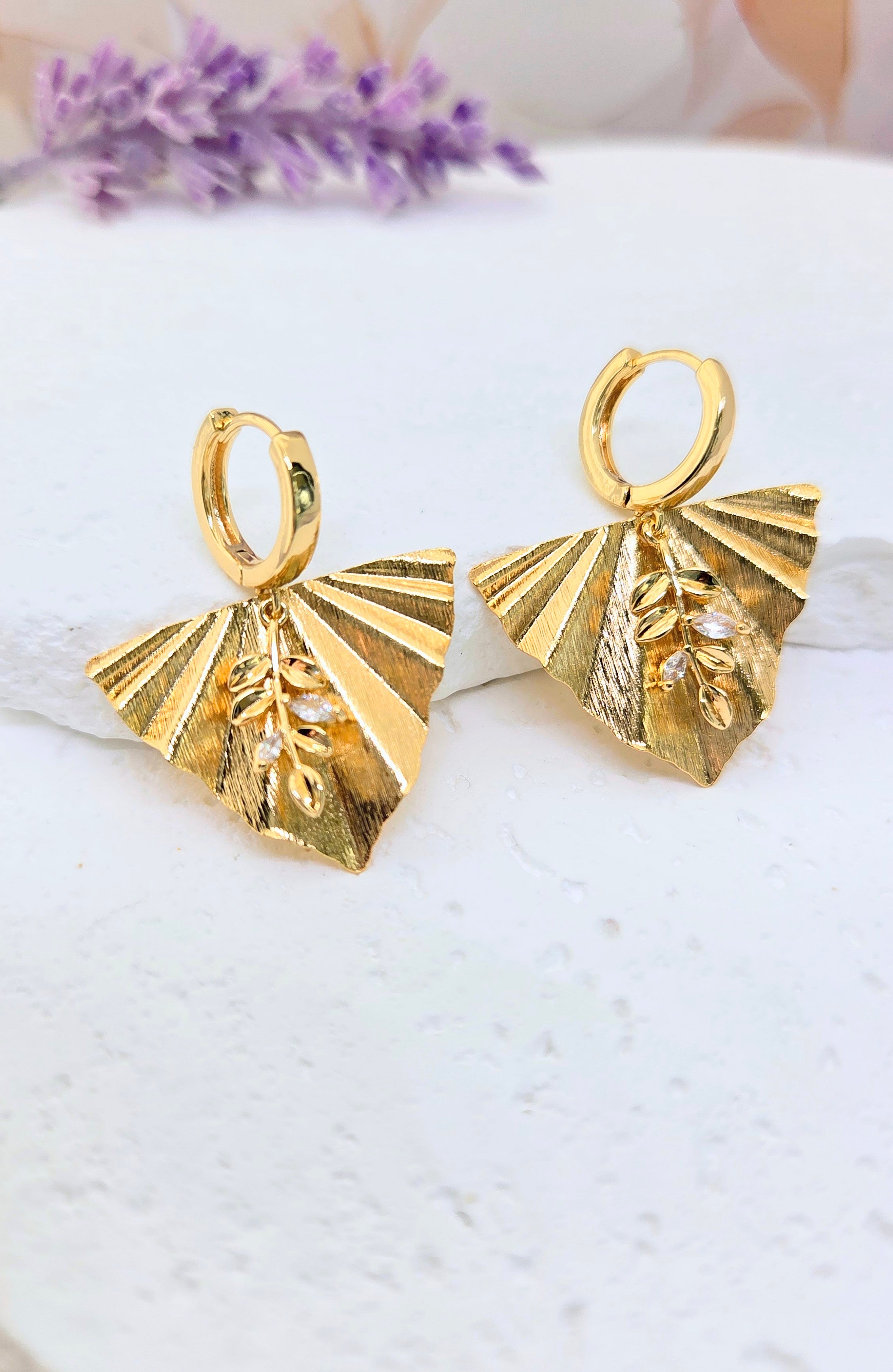 Gold Leaf Fan Huggie Earrings