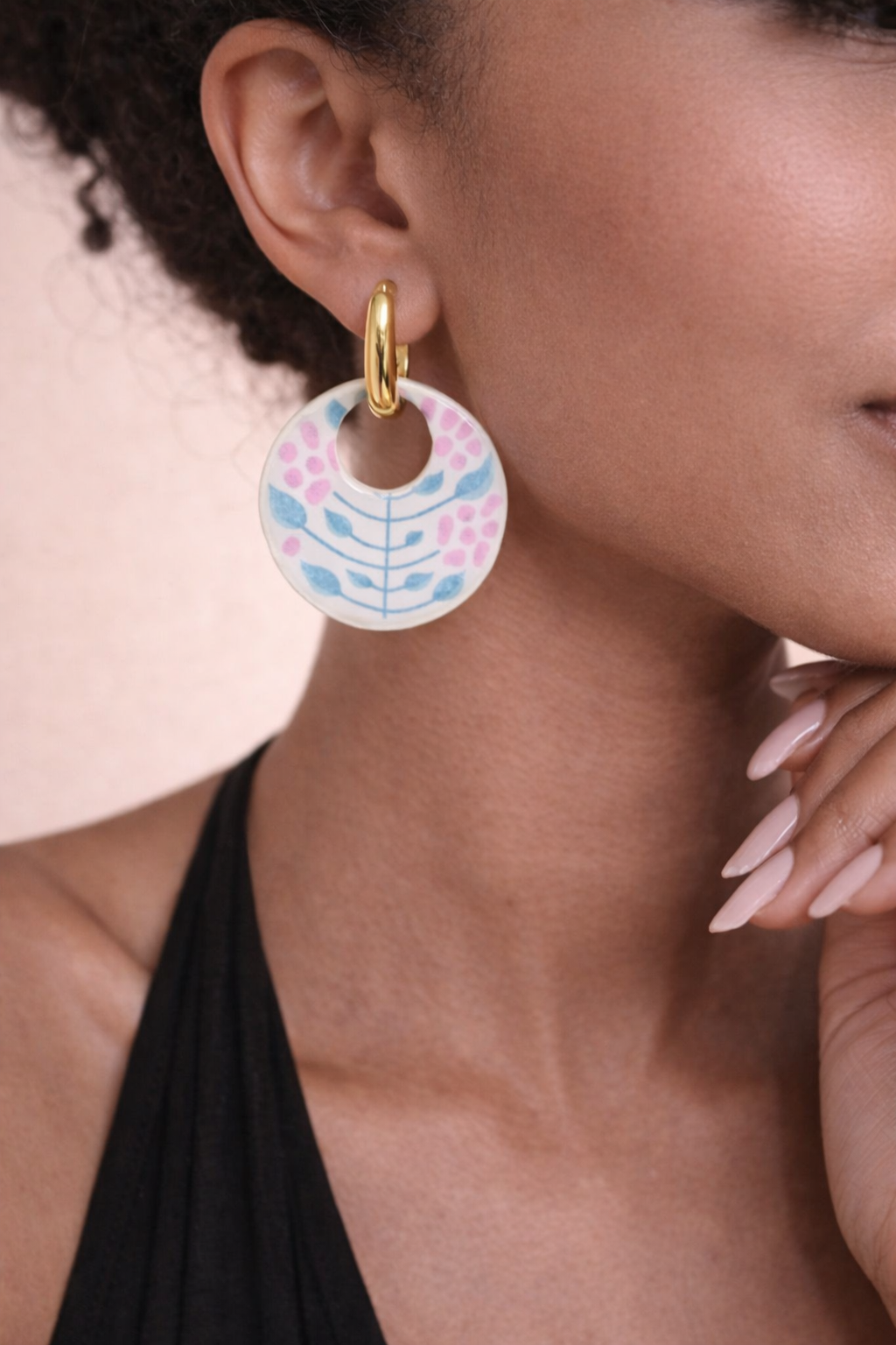 Floral Stem Circle Pendant Earrings-  2-in-1 Gold Huggie Hoops