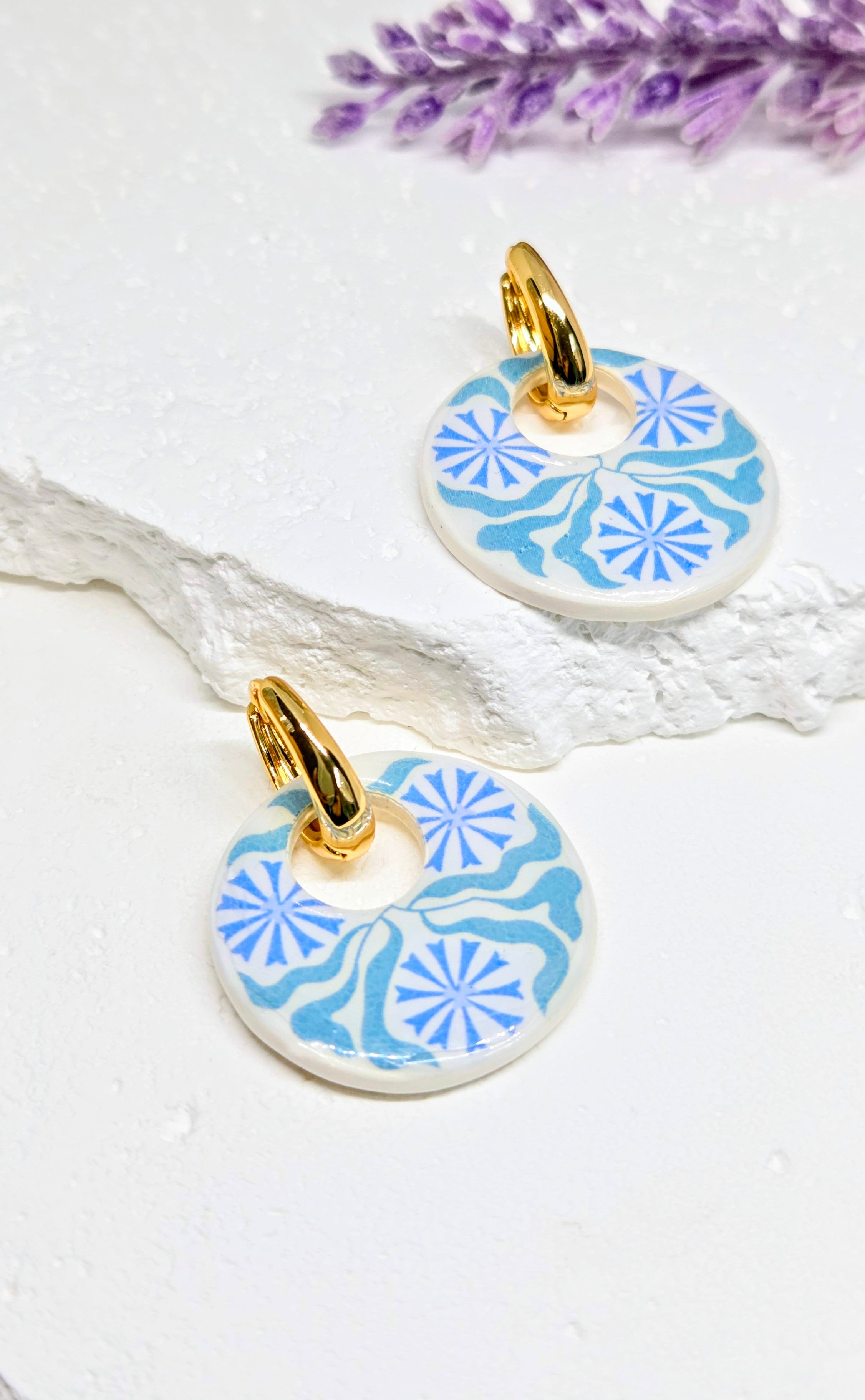 Blue Tile Inspired Dangle Earrings - 2-in-1 Gold  Huggie Hoops