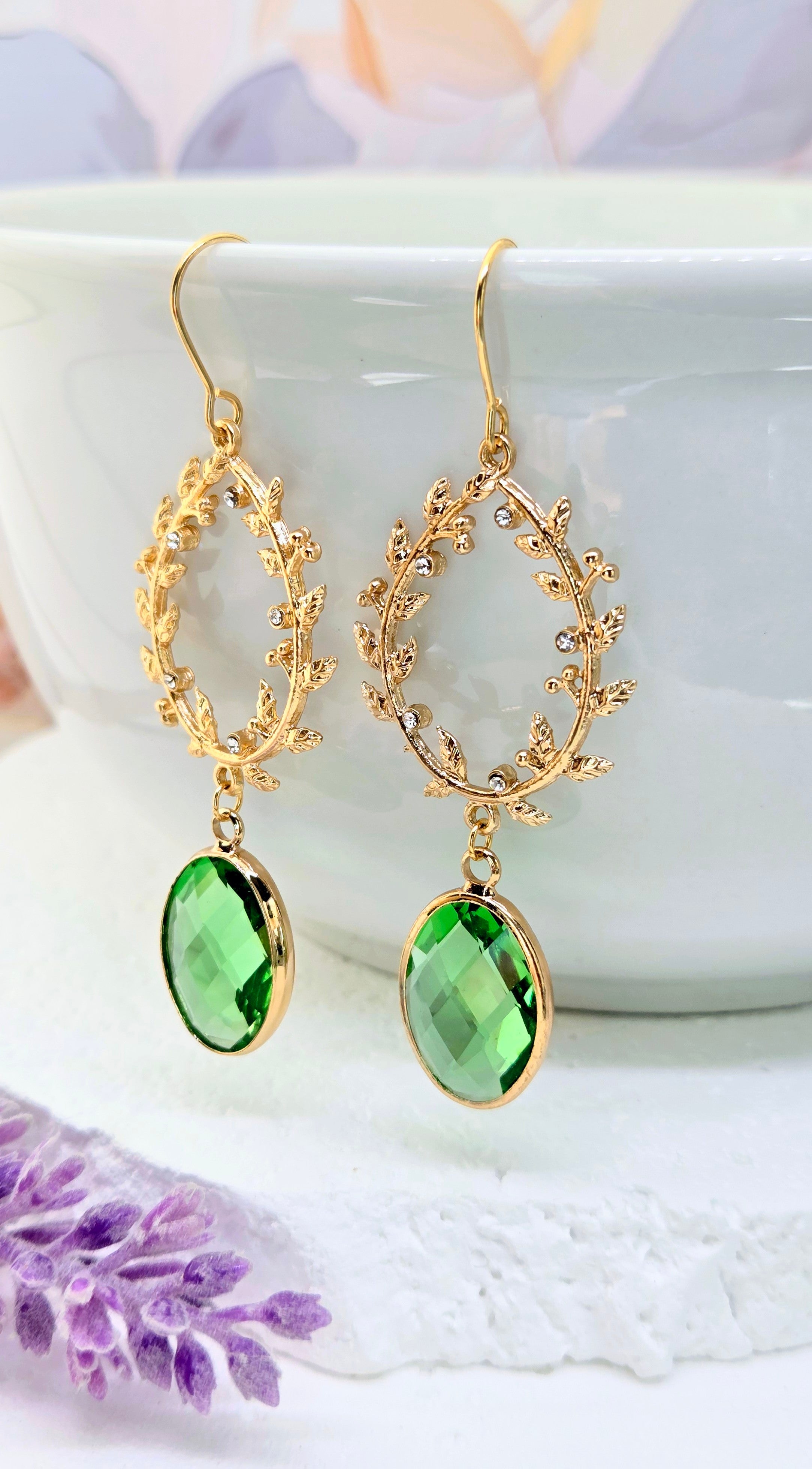 Green Crystal Wreath Earrings