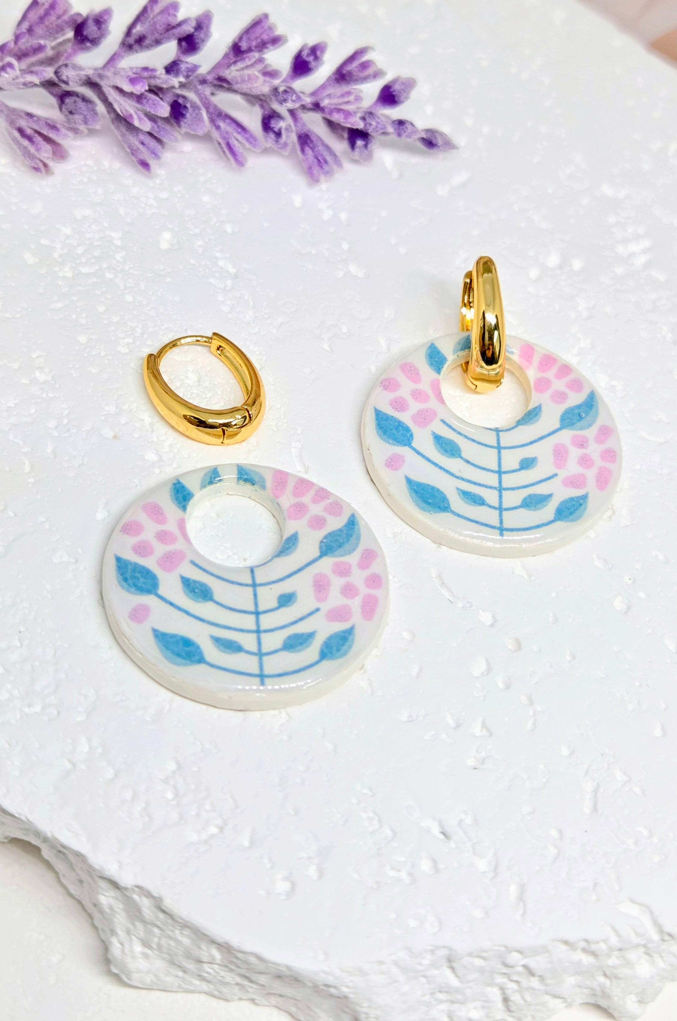 Floral Stem Circle Pendant Earrings-  2-in-1 Gold Huggie Hoops