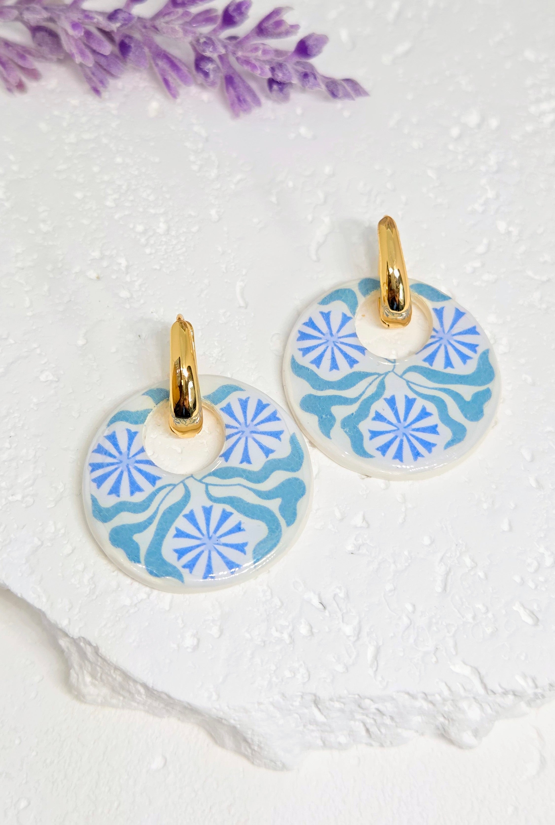 Blue Tile Inspired Dangle Earrings - 2-in-1 Gold  Huggie Hoops