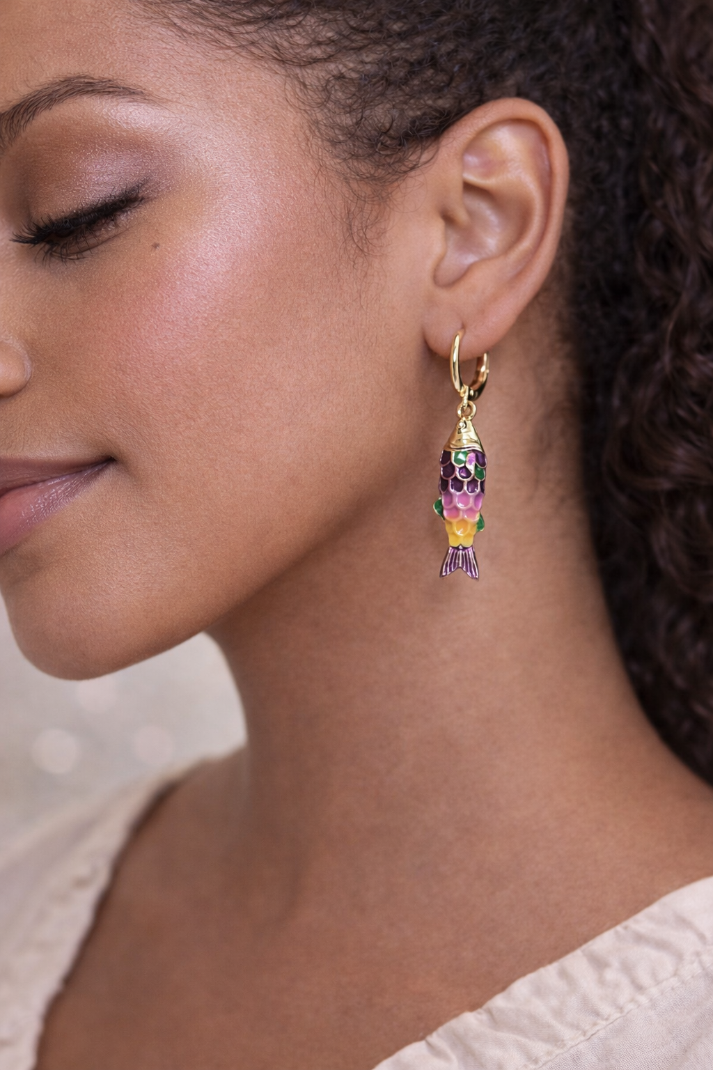 Enamel Koi Fish Huggie Hoop Drop Earrings