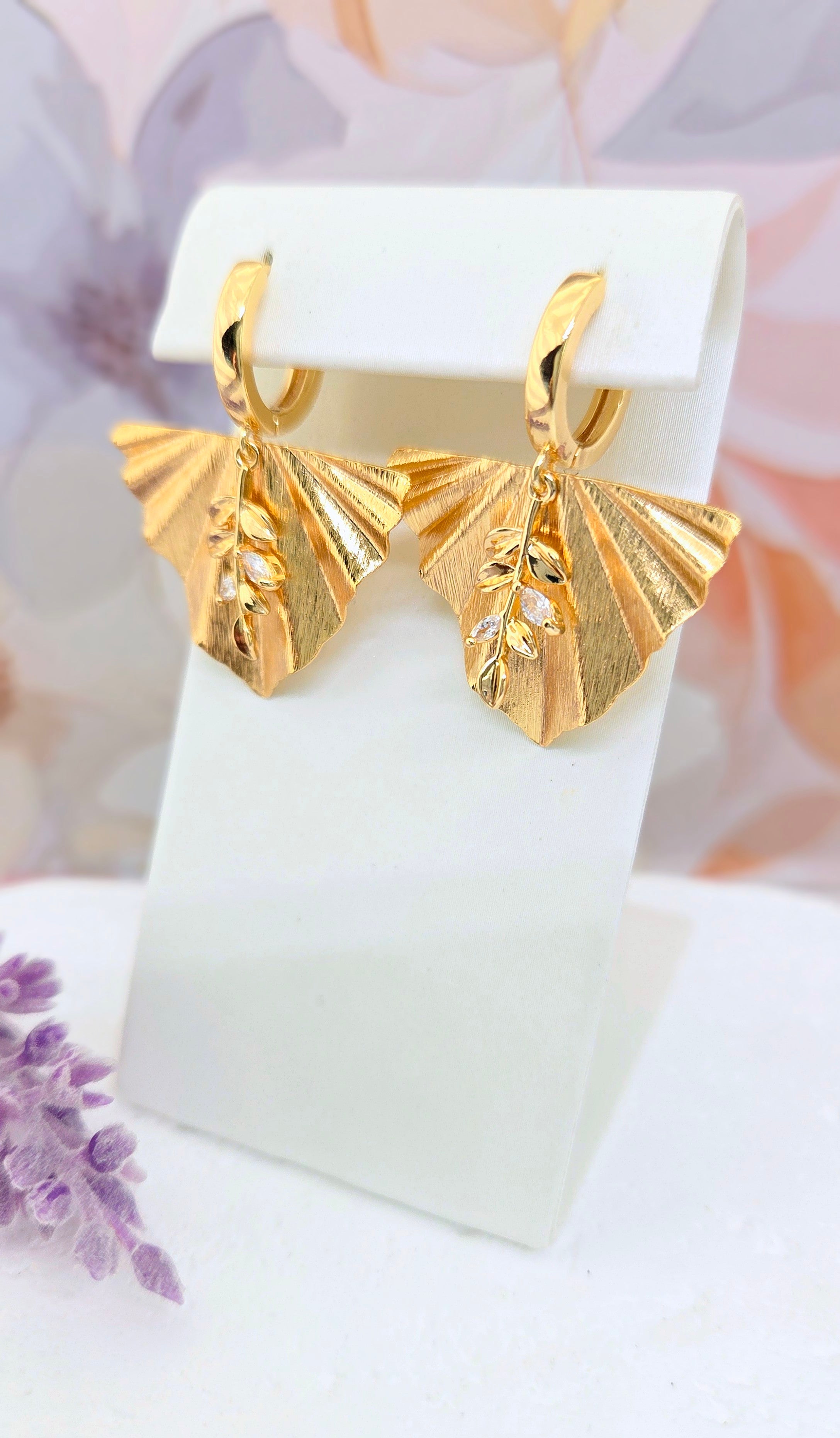 Gold Leaf Fan Huggie Earrings