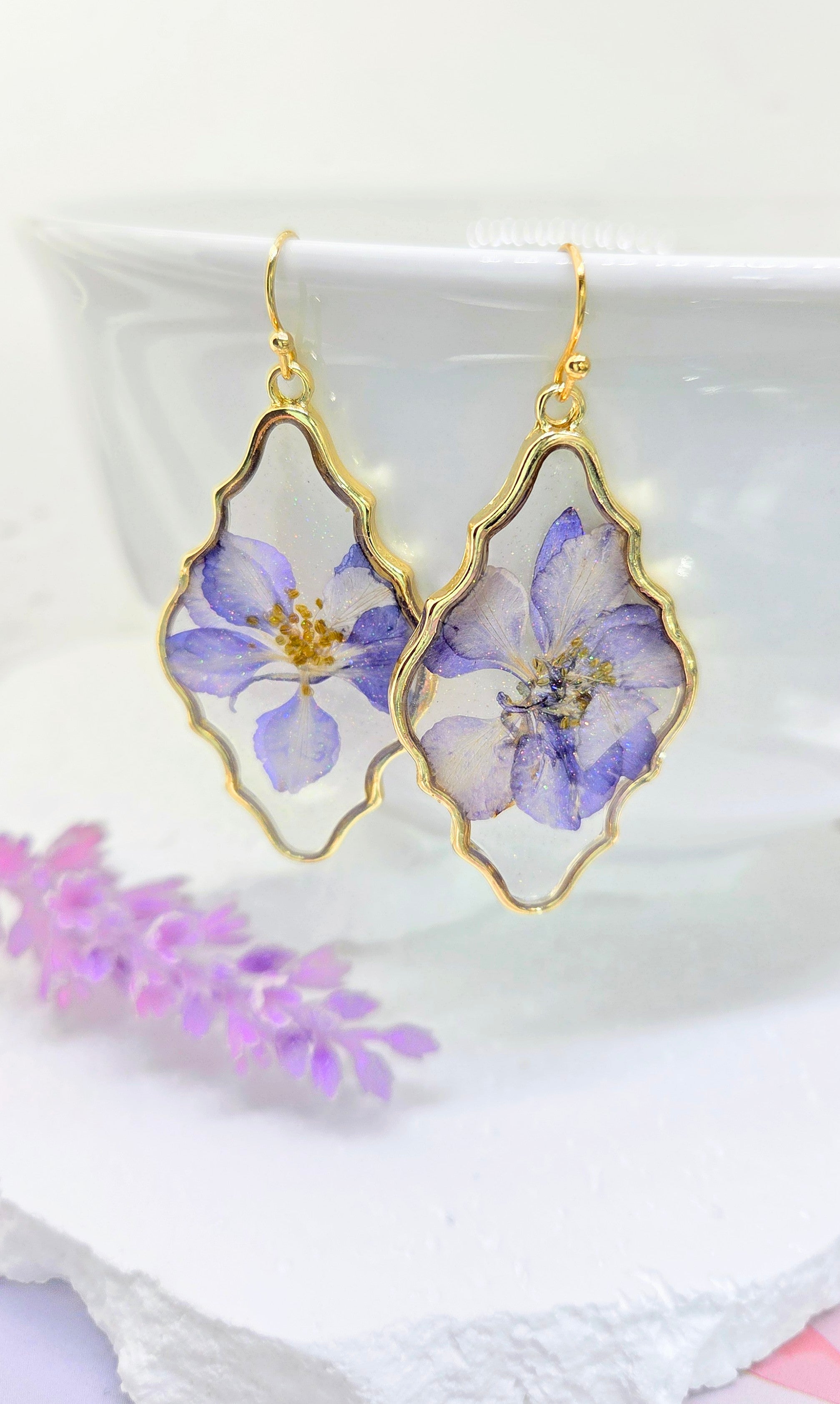 Purple Pressed Flower Resin Earrings