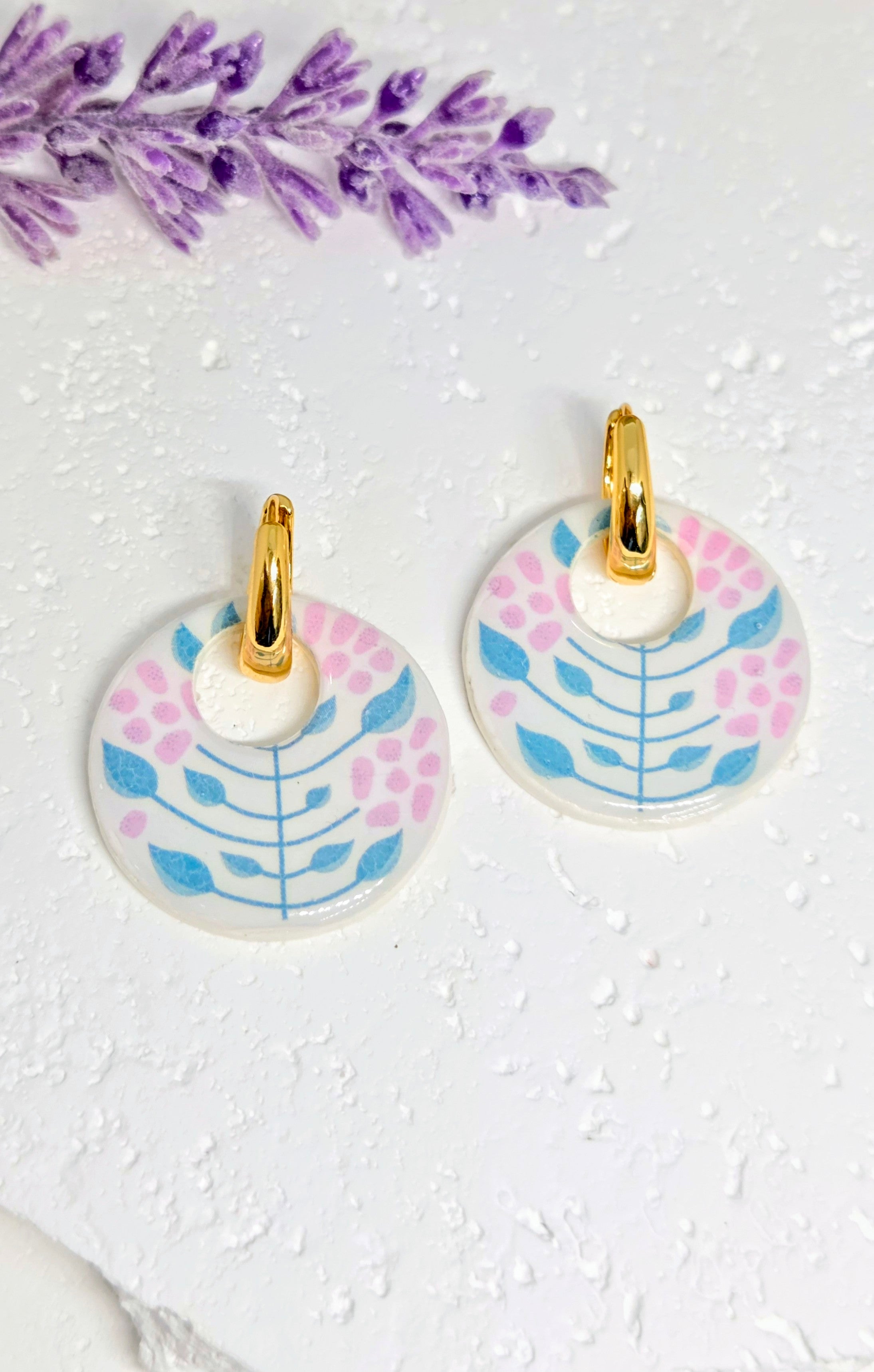 Floral Stem Circle Pendant Earrings-  2-in-1 Gold Huggie Hoops