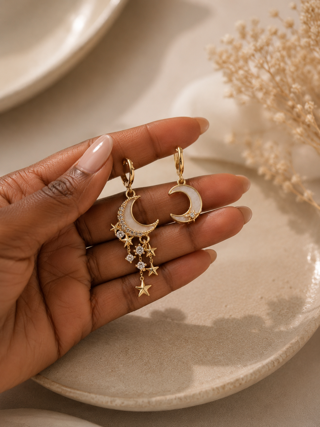 Celestial Moon & Star Asymmetric Huggie Earrings