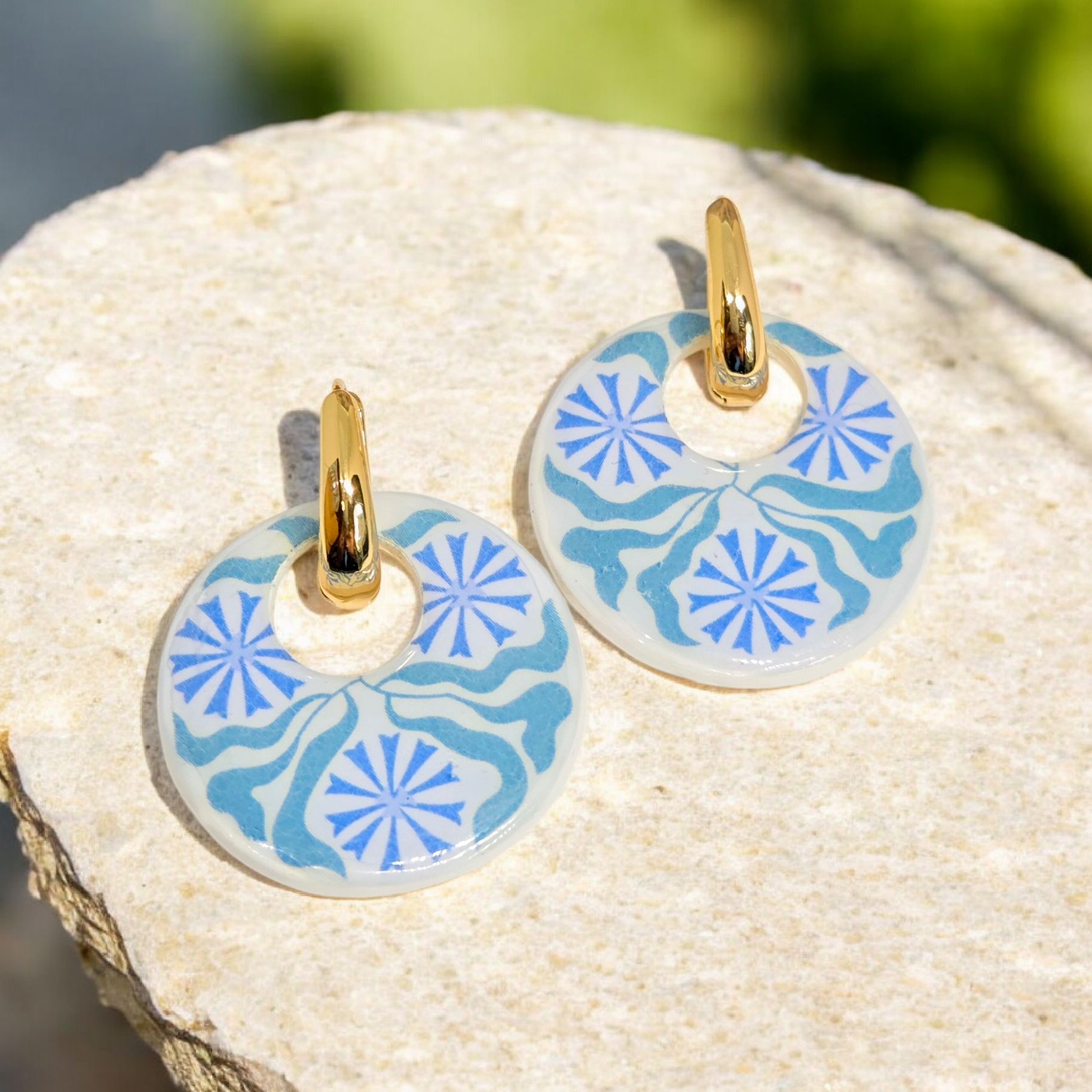 Blue Tile Inspired Dangle Earrings - 2-in-1 Gold  Huggie Hoops