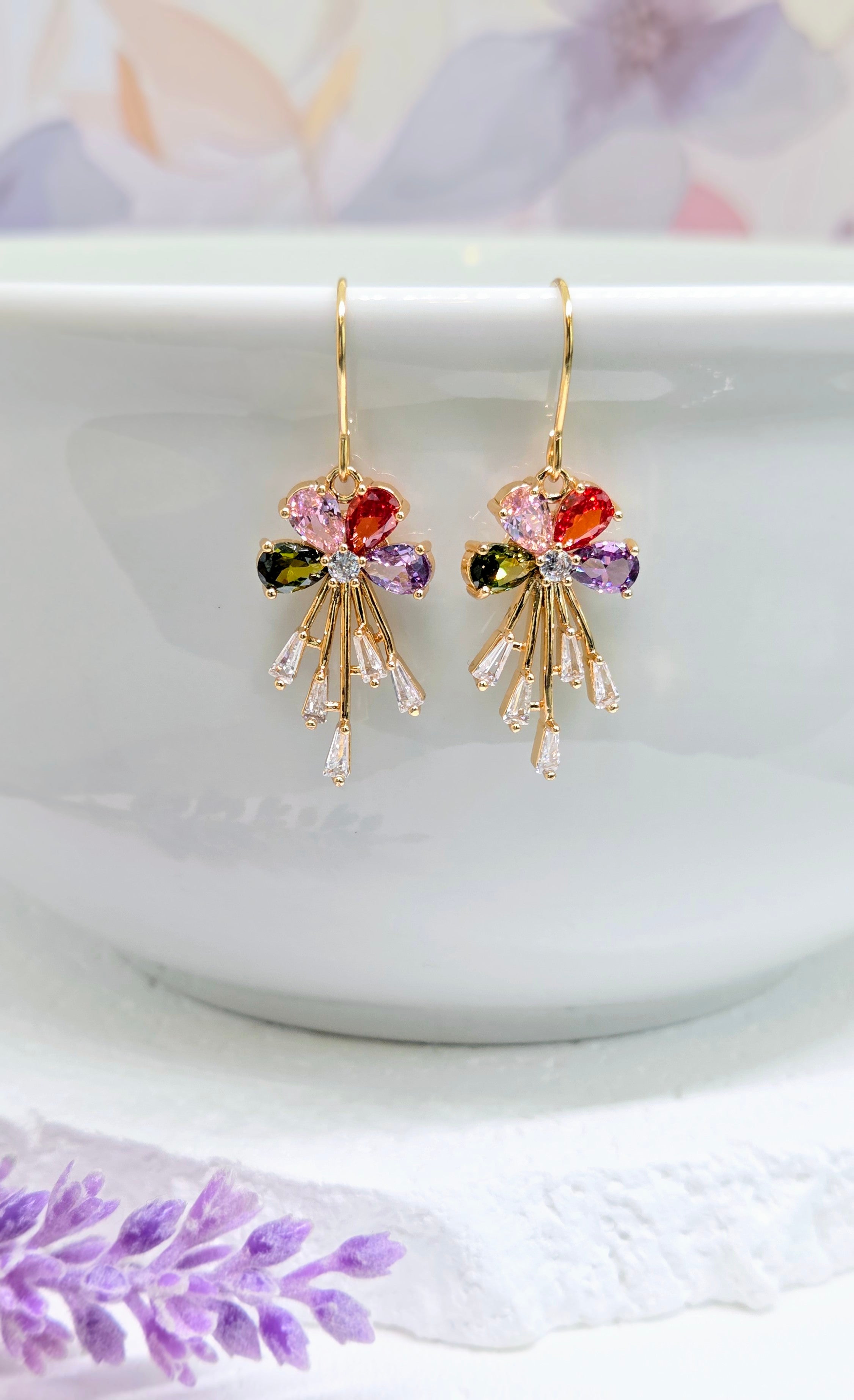 Multicolor Crystal Floral Drop Earrings